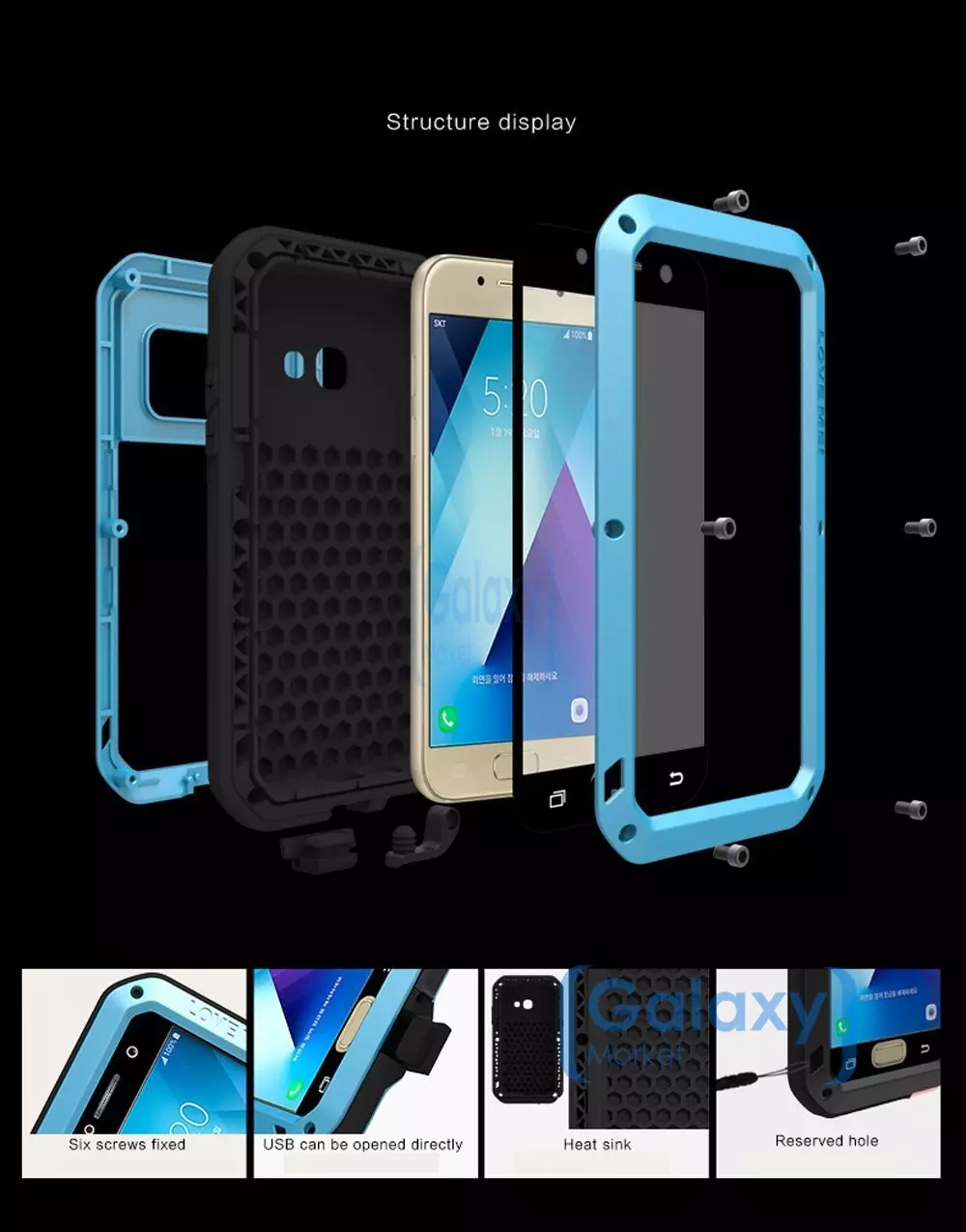 Противоударный металлический Чехол бампер Love Mei Powerful Case для Samsung Galaxy A3 (A3 2017) Blue (Синий)