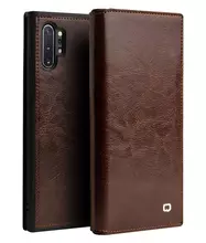Премиальный чехол книжка с натуральной кожи Qialino Business Classic Leather Wallet для Samsung Galaxy Note 10 Plus Dark Brown (Темно-коричневый)