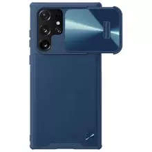 Чехол бампер для Samsung Galaxy S22 Ultra Nillkin CamShield Leather S (шторка на камеру) Blue (Синий)