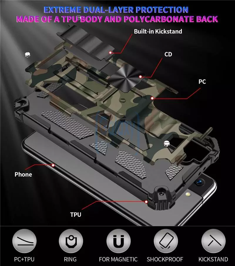 Противоударный чехол бампер для Samsung Galaxy S20 FE Anomaly Hybrid Armor (встроенная подставка) Army Green (Армейский Зеленый)