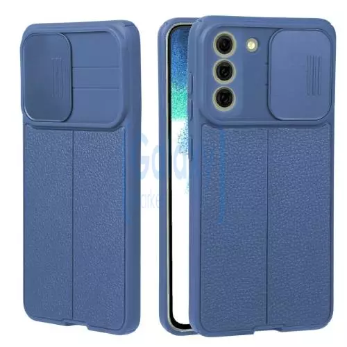 Противоударный чехол бампер для Samsung Galaxy S21 FE Anomaly Leather Fit Pro (шторка на камеру) Blue (Синий)
