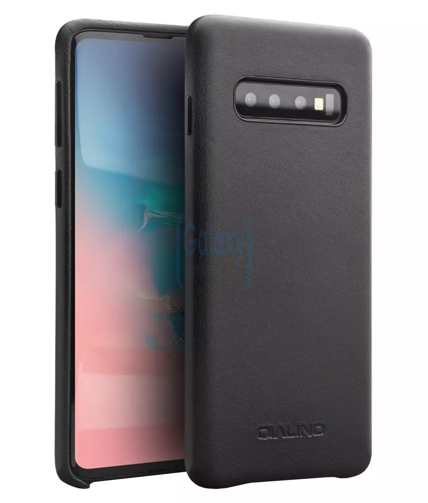 Чехол бампер с натуральной кожи Qialino Leather Back Case with Metal Buttons для Samsung Galaxy S10 Plus Black (Черный)